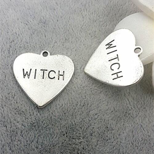 20pcs/lot 25mm Jewelry heart Accessories Ancient silver color lettering witch charm for bracelet DIY making fiting material