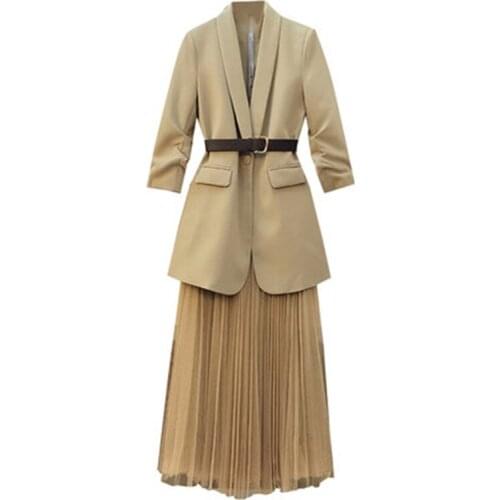 Oversize Womens Spring Blazer Vintage 2021 Suit Jacket Two-Piece Suit Clothing 7-Point Sleeve Lady Skirt Two-Piece Suit Female