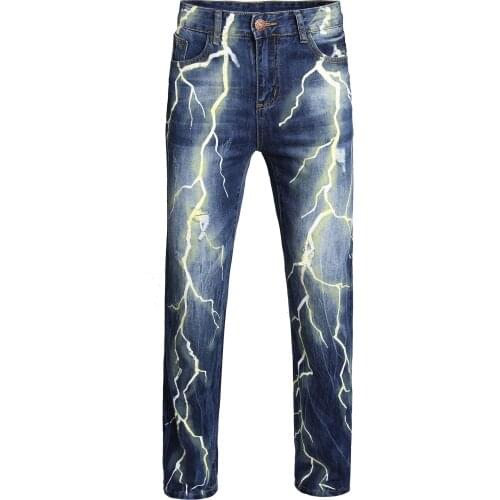 Fashion Personality Mens Cotton Jeans Autumn Casual Slim Lightning 3D Digital Printing Jeans Trousers Male Hip hop Denim Pant