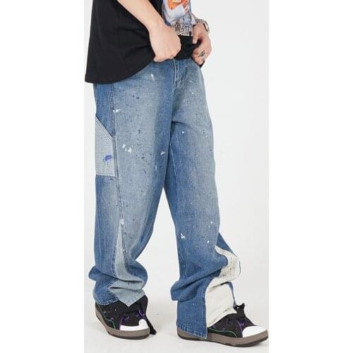 Ripped Hand Painted Irregular Feet Straight Retro Jeans Pants Men and Women Color Match Washed Oversize Baggy Denim Trousers