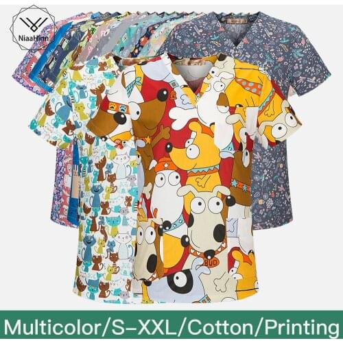 Unisex Cotton Printing Work Clothing Beauty Salon Scrubs Unifrom Spa Uniform Care Workers Scrubs Tops Beautician Work Clothes