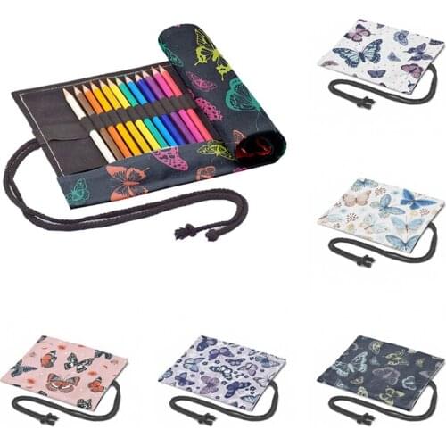 Butterfly Printed Canvas Pen Bag For Girls 12/24/36/48/72 Holes School Student Roll Pencil Case Arting Painting Storage Pen Bag