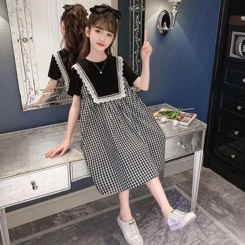 Girls Summer Short-sleeved Dress Knitted Stitching Plaid Dress 2021 New Youth Children Loose Long Dress
