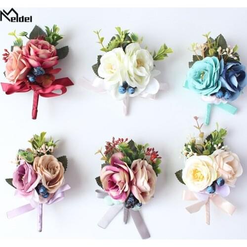 Meldel Corsage Bridegroom Boutonniere Pin Bridal Wrist Corsages Blue Burgundy Bridesmaid Rose Flower Bracelet Wedding Supplies