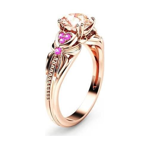 Cute Pink Round Zircon Engagement Ring Vintage Female Champagne Crystal Stone Ring Charm Rose Gold Color Wedding Rings For Women