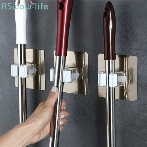 Multi-Function Traceless Sticking Mop Broom Holder Kitchen Bathroom Antiskid Clamping Force Chrome Metal Wall Stick Rack Holder