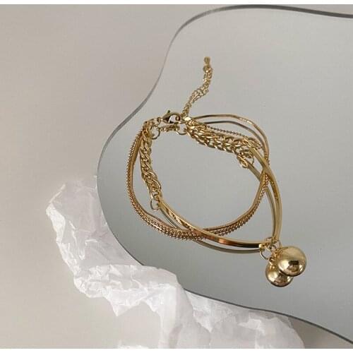 ALLNEWME Hip Hop Multi Layers Gold Colour Patchwork Chain Bracelets for Women Girls Metallic Ball Pendant Charm Bracelet Jewelry