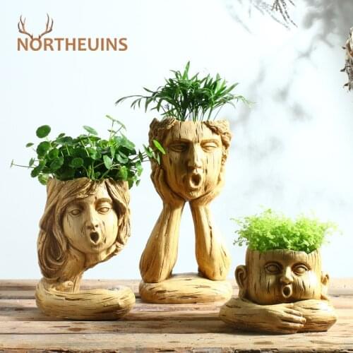 NORTHEUINS Resin Face Flower Pot Figurines Nordic Creative Family Vases Decoration Home Plant Pot Support For Flowers Decorative
