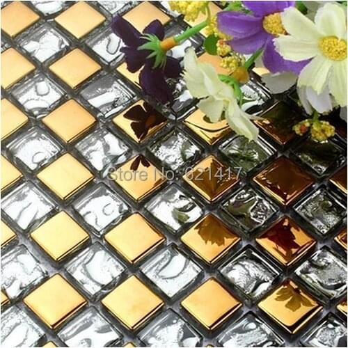 Silver mixed golden glass diamond mosaic tiles kitchen backsplash bathroom shower mosaic mini square pillar mosaic tiles