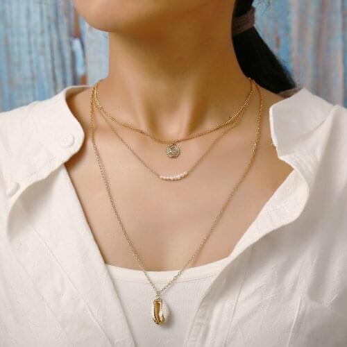 Vintage Gold Geometric Free Style Necklaces For Women Boho Fashion Shell Head Coin Stone Pendant Necklace Jewelry Party Gift