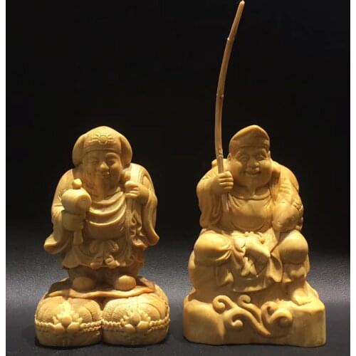 Q4292 - 6 cm High Hand Carved Boxwood Figurine Carving: Daikokuten & Ebisu