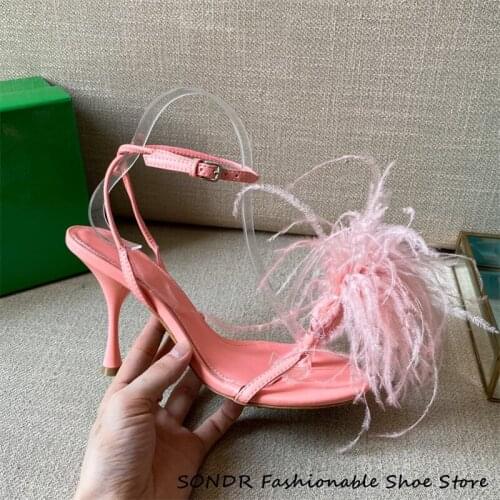 Fashion Women Fur Design Sandals Runway Genuine Leather Feather High Heel Party Shoes Woman Summer Ankle Strap Gladiator Sandals