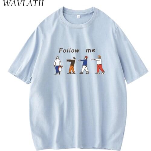 WAVLATII New Women Summer Tees Tops Female Cartoon Print 100% Cotton Short Sleeve T-shirts WT2144