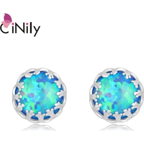 CiNily Created Blue Fire Opal Silver Plated Wholesale Hot Sell Wedding for Women Jewelry Gift Stud Earrings 8mm OH2485