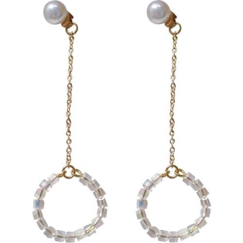 Women Girls Long Tassel Imitation Pearls Geometric Crystals Round Circle Pendientes Clip Earrings No Pierced Ear Clip For Party