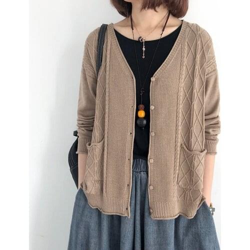 2019 Casual Women Sweater Cotton Autumn Knitted Thin Cardigan Solid Coor Pockets Coat Loose Blouse YoYiKamomo