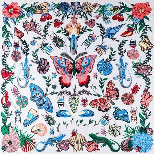 POBING Silk Scarf Women Butterfly Print Stoles Square Scarves Wraps Large Bandana Kerchief Hijabs Female Silk Foulards 130CM