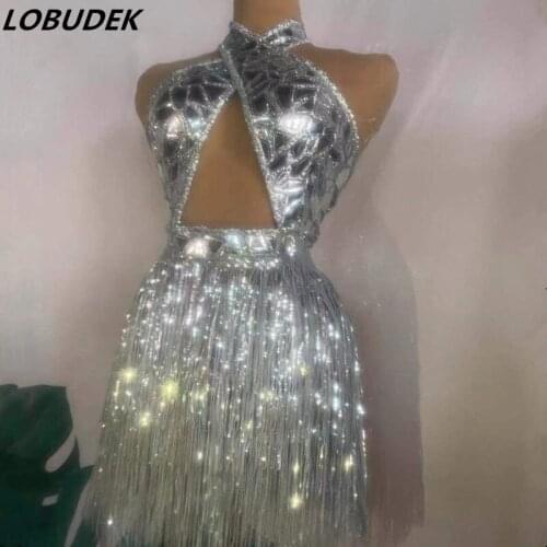 Silver Tassel Glitter Laser Mirrors Sequins Short Dress Sexy Backless Hollow Out Stage Wear Nightclub Bar Women Singer Costume