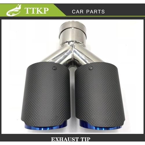 1PCS Universal Car Y Style Matte Carbon Tail End Blue Muffler Pipe Stainless Steel Straight Muffler Double Exhaust Tail Pipe