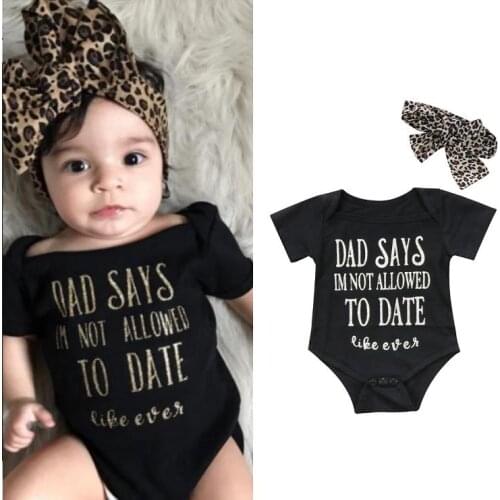 2PCS Newborn Baby Girl Bodysuits Clothes Letter Print Short Sleeve Jumpsuits+Headband Outfit