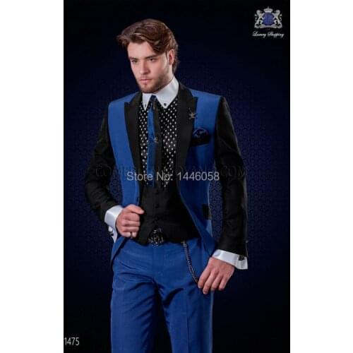 2018 Custom Made Slim Fit Groomsmen Peak Lapel Blue and Black Groom Wedding Tuxedos Men Suit Best Man (Jacket+Pants+Vest+Tie)