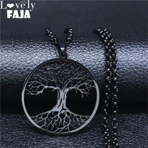 2021 Tree of Life Stainless Steel Long Necklace for Men Black Color Necklaces & Pendants Jewelry cadenas para hombre N42S03