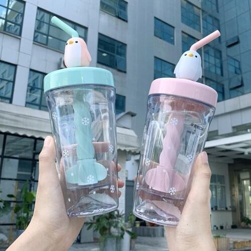 350ML Simple Fresh Penguin Cartoon Shape Double-layer Stirring plastic Water Cup Portable Outdoor Anti-choke Straw Water Bottle