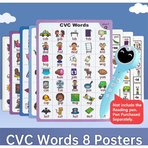 8PCS CVC Phonics Words Poster Language Arts Skills Charts for Kids Classroom Word family wall Educational Posters Pre K Learning