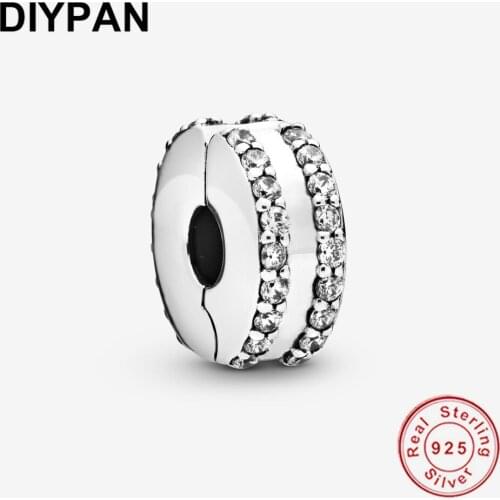 925 Sterling Silver Double Lined Pave Clip Charm Fit Original Pandora Charms Bracelets Silver 925 Charm Bead Bangle Jewelry