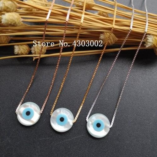 Promotion! 10mm 925 Sterling Silver Round Pearl Shell Necklace Adjustable Round Blue Evil Eye MOP Shell Pendant for Gift