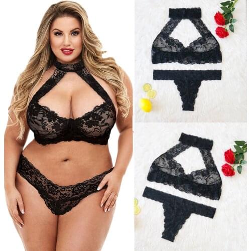 Women Plus Size Sexy Deep V Hollow neck Wireless Bra Brief Lingerie See-through Lace Erotic Hollow Out Underwear Temptation 5xl
