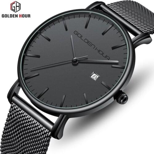 GOLDENHOUR Top Brand Mens Fashion Black Stainless Steel Quartz Date Watches Men Casual Waterproof Wrist Watch Relogio Masculino