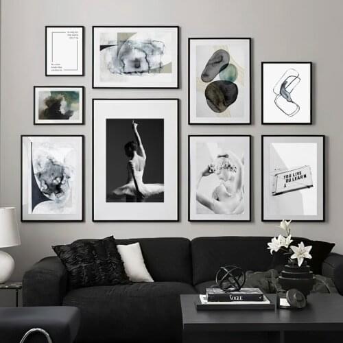 Ink Splash Abstract Ash and Moss Ballet Girl Wall Art Print Canvas Painting Nordic Poster Modern Decor Pictures For Living Room