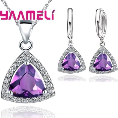Hot Fashion Muliple Colors Triangle Crystals Jewelry Sets For Women 925 Sterling Silver Necklace Pendants Earrings