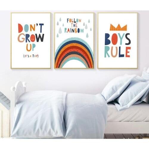 Minimalist Painting Nordic Kids Room Decoration Boys Rule Rainbow Nursery Quotes Child Poster and Print Canvas Wall Art Pictures
