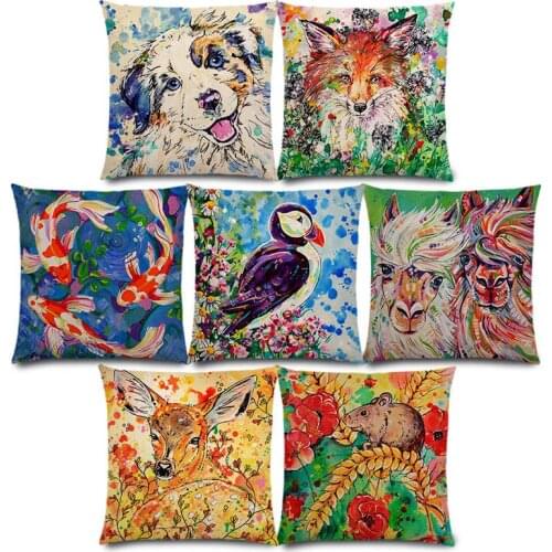 New Vivid Animals Beautiful Flowers Plants Gorgeous Oil Painting Deer Lion Dogs Fox Bird Horse Cushion Cover Pillow Case