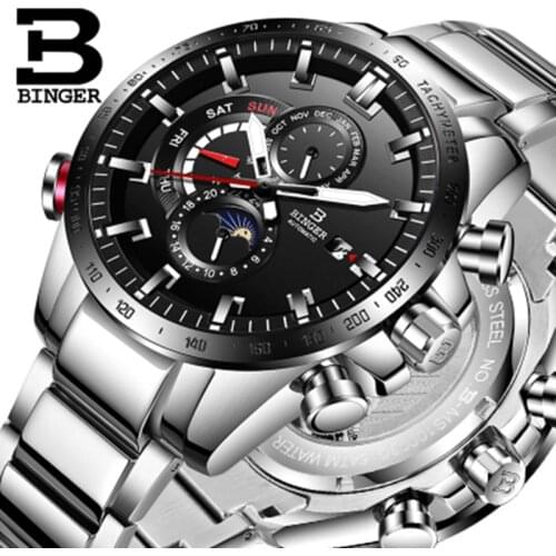 Genuine Luxury Switzerland BINGER Brand Men Watch automatic mechanical Luminous energy waterproof running steel male moon phase