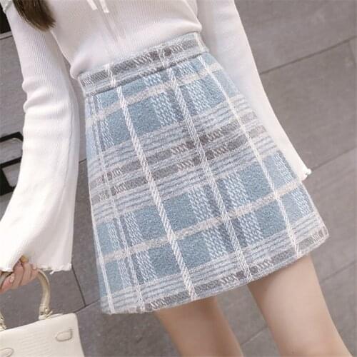 Autumn High Waist Woolen Skirt Women Korean Style Plaid Skirts Short Hip Package Mini Skirt Female Saias Jupe Femme Plus Size
