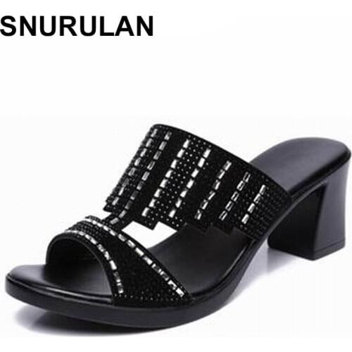 SNURULAN Sexy Women Shoes Summer Peep Toe Slides Party Evening Big High Heels Slipper Crystal Ladies Slides Plus Size 41 42