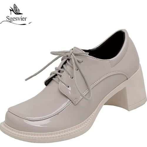 Sgesvier 2021 Microfiber Square High Heels Lace Up Round Toe Basic Women Shoes Spring Autumn Fashion Ladies Shoes Size 34-43