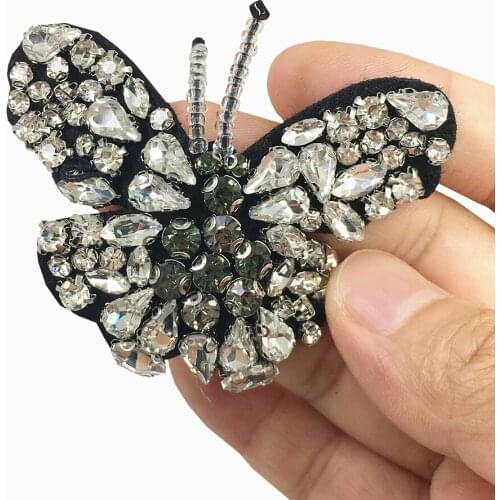 Rhinestone Butterfly Patch Beaded Butterflies Applique Sew On Patches For Coat Shoes Jeans Appliques Parche 6x4cm AC1071