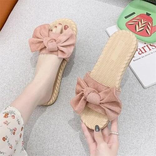 Retro Suede Bowknot Slippers Women Summer Home Non-slip Flat Slides Outdoor Beach Woven Slippers 2021 Fashion Candy Color Shoes