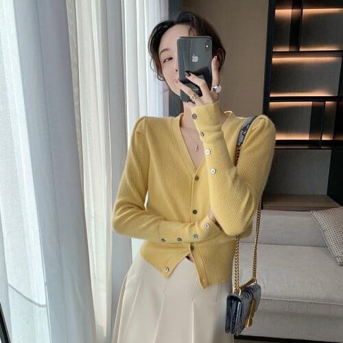 Aunt Cuis pure desire for small three-dimensional princess sleeve V-neck knitted cardigan coat slim and slim