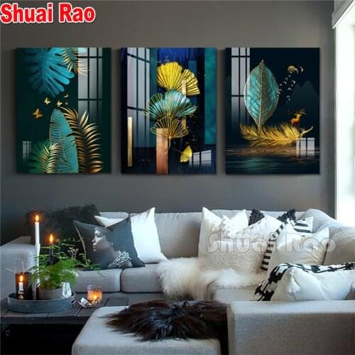 Green and Gold Leaves Triptych 5d diy diamond painting 3d cross stitch full square diamond embroidery mosaic diamond puzzle