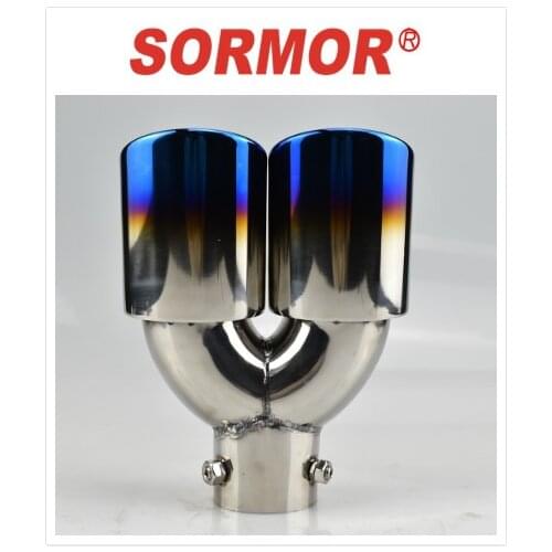 SORMOR Universal Double-Barrel Rear Exhaust Tip Tail Pipe Muffler for car modificati 304Stainless blue Steel Car Accessories