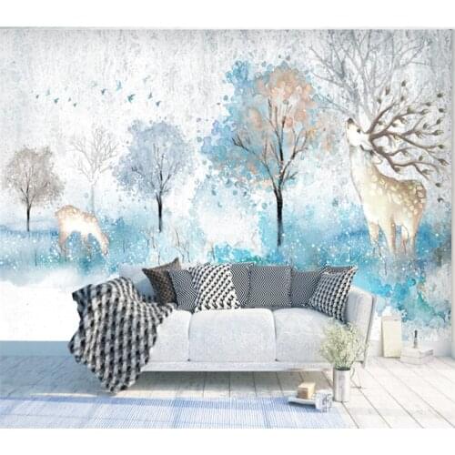Wellyu Customized large-scale mural 3d modern minimalist hand-painted watercolor elk fortune tree landscape background wallpaper