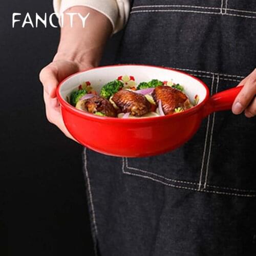 FANCITY Japanese hand-painted ceramic bowl with handle high temperature baking bowl baking household salad bowl fruit bowl
