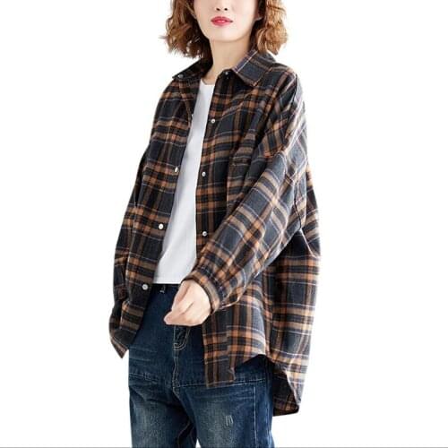 Spring and autumn Long Plaid Shirt Women Casual Long Sleeve Pocket Button Up Collared Shirt Top Clothes Fashion New FC115