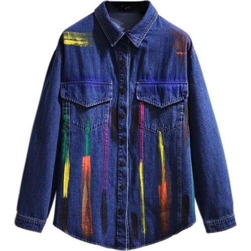 2021 New Spring Autumn Oversized Women Denim Jacket Loose Top Casual Colorful Stripes Print Jean Jacket Plus Size Outerwear