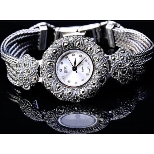 Retro Thai Silver Goods Silver Wholesale S925 Sterling Silver Thai Craft Plum Women Watch Bracelet
